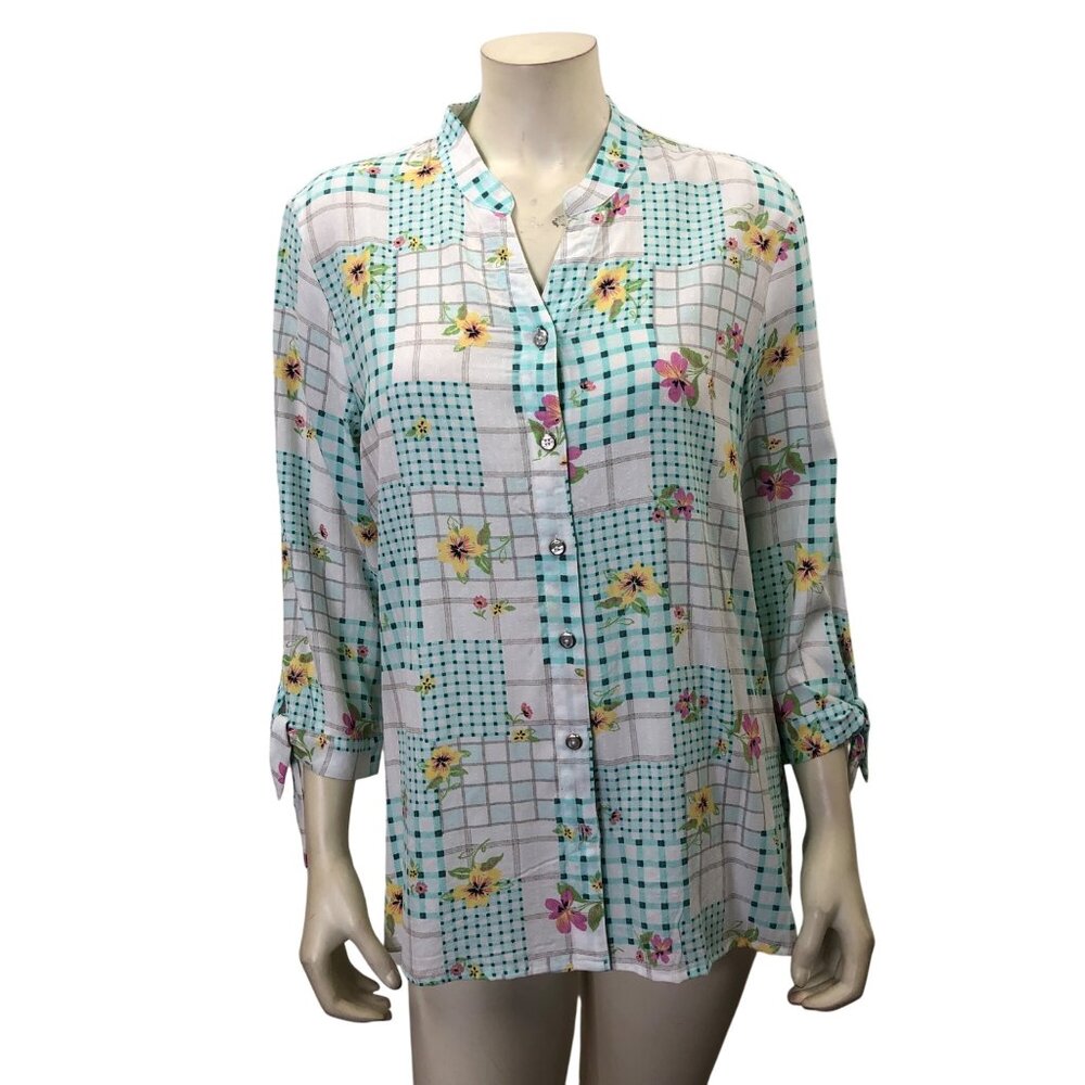 Allison Daley Womens Floral & Plaid Button-Up Shirt With 3/4 Sleeves -M NWT